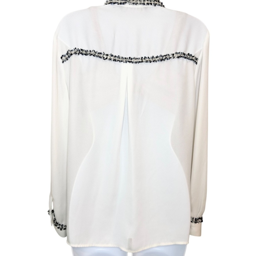 ZARA Women's Ivory Sheer Blouse Tweed Trim Long Sleeve Office Chic Classic S - Picture 4 of 15